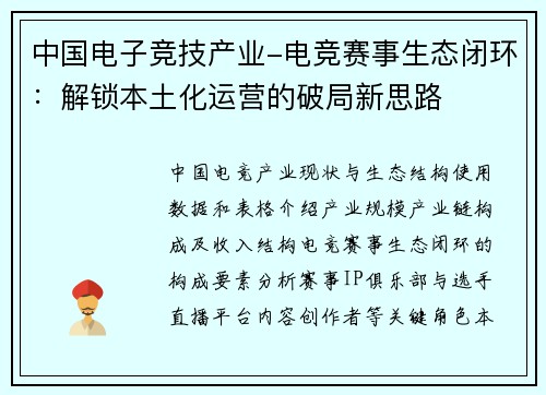 中国电子竞技产业-电竞赛事生态闭环：解锁本土化运营的破局新思路